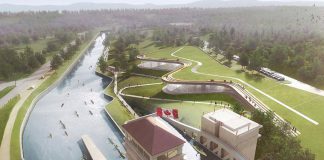 The Government of Canada is investing $10 million to support the construction of the new Canadian Canoe Museum will be built on a Parks Canada site adjacent to the Peterborough Lift Lock National Historic Site on the Trent-Severn Waterway. (Rendering: heneghan peng / Kearns Mancini Architects)