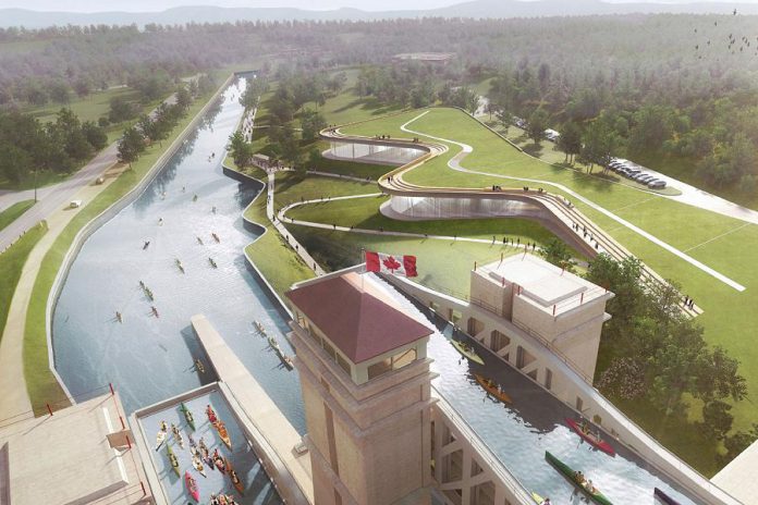 The Government of Canada is investing $10 million to support the construction of the new Canadian Canoe Museum will be built on a Parks Canada site adjacent to the Peterborough Lift Lock National Historic Site on the Trent-Severn Waterway. (Rendering: heneghan peng / Kearns Mancini Architects)