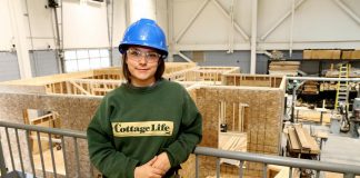Secondary school student Erika Mistelbacher is enrolled in the Ontario Youth Apprenticeship Program and is studying carpentry at Fleming College's Kawartha Trade Centre in Peterborough. When she completes her apprenticeship training she hopes to work with her father, who owns a construction and design company. (Photo courtesy of Peterborough Victoria Northumberland and Clarington Catholic School Board)