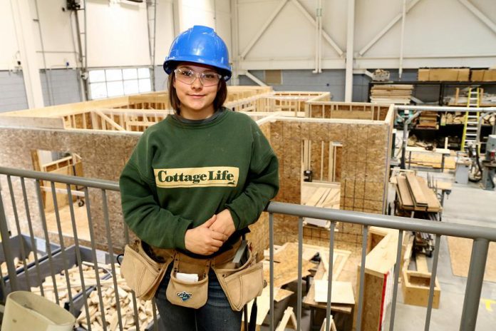 Secondary school student Erika Mistelbacher is enrolled in the Ontario Youth Apprenticeship Program and is studying carpentry at Fleming College's Kawartha Trade Centre in Peterborough. When she completes her apprenticeship training she hopes to work with her father, who owns a construction and design company. (Photo courtesy of Peterborough Victoria Northumberland and Clarington Catholic School Board)