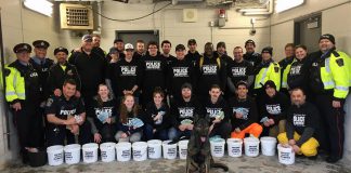 Members of the Peterborough Police Service Auxiliary Unit, Special Constables, Torch Run Team members, Canine Unit Constable Cowie and Police Service Dog Isaac, civilians, Fleming College students, and family members helped to raise $32,000 in donations during the annual Easter Tolls for Special Olympics on April 20, 2019. (Photo courtesy of Peterborough Police Service)