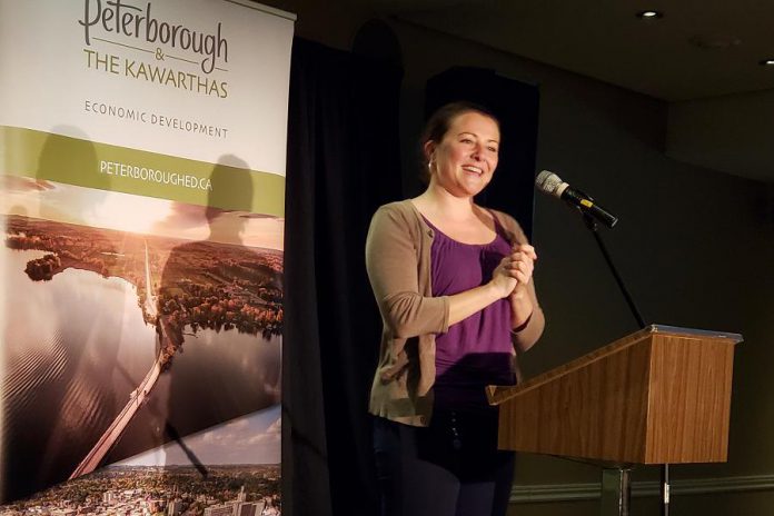 Peterborough mayor Diane Therrien addresses the crowd at Peterborough & the Kawarthas Economic Development's 2019 annual general meeting in the Nexicom Studio at Showplace Performance Centre on April 25. "PKED plays a key role in helping our community develop and grow."  (Photo: Jeannine Taylor / kawarthaNOW.com)
