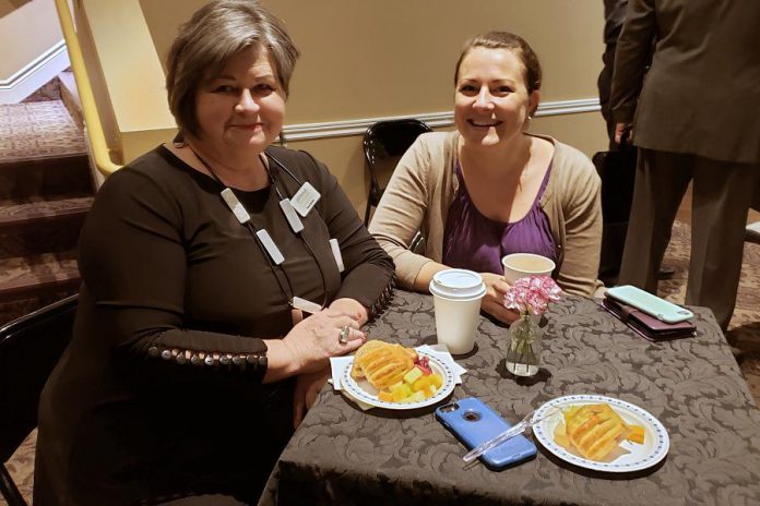 Peterborough mayor Diane Therrien (right) with Susan Quinlan, tourism partnerships and development officer at Pterborough & the Kawarthas Economic Development, which held its annual general meeting on April 25, 2019   in the Nexicom Studio at Showplace Performance Centre in downtown Peterborough. (Photo: Jeannine Taylor / kawarthaNOW.com)