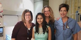 Kristey (second from left) is a 13-year-old girl currently receiving treatment at Peterborough Regional Health Centre, which has made it challenging for her to go shopping for a dress for her Grade 8 gradulation. Staff of the Pediatric Outpatient Clinic including RN Shay Cannon (left) contacted Shelby Watt (second from right), owner of Save Our Soles in downtown Peterborough, to ask if she could help. (Photo: Peterborough Regional Health Centre / @prhc1 Instagram)