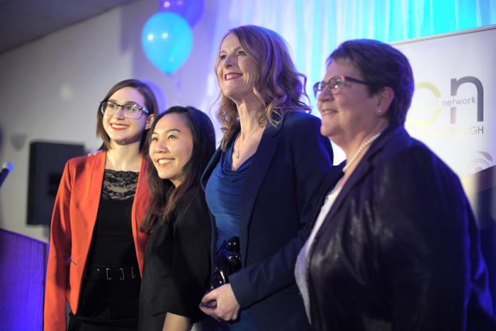2019 Women in Business Award winner Monika Carmichael (second from right) and 2019 Judy Heffernan Award winner Kim Appleton (right) along with Tara Spence from Trent University and Jo Oanh Ho from Fleming College, the recipients of the 2019 Female Business Student Award. Not pictured: Erin McLean and Bridget Leslie, the two finalists for the 2019 Women in Business Award. (Photo: Bianca Nucaro / kawarthaNOW.com)
