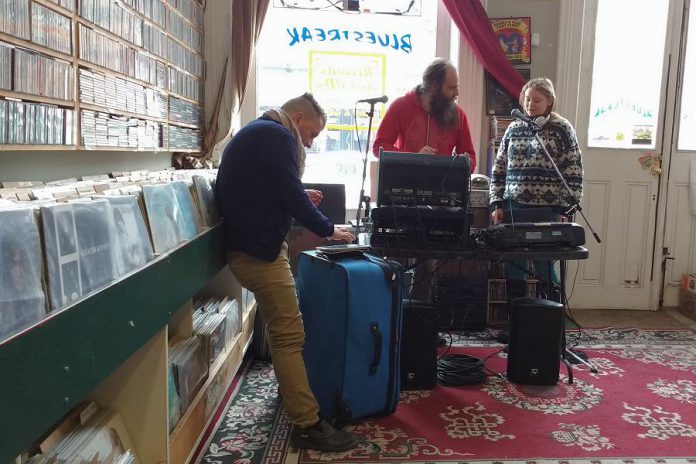 Trent Radio volunteers setting up at Bluestreak Records in downtown Peterborough. Trent Radio has been hosting monthly broadcasts from locally owned and operated businesses and, on April 15th, Trent Radio will host a full day of Community Connections programming featuring remote broadcasting from Tiny Greens, Ritual Apothecary, and Sam’s Place Deli. This project is part of their four-day Community Radio Marathon & Fundraiser, broadcasting at 92.7 FM from Friday, April 12 to Monday, April 15, 2019. (Supplied photo)