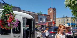 The White Lightning Shopping Bus in Fenelon Falls during a test run in July 2018. The free bus service will run every Tuesday making stops at locations in Kawartha Lakes including Lindsay, Fenelon Falls, Bobcaygeon, Omemee, and more. (Photo: White Lightning Bus Tours)