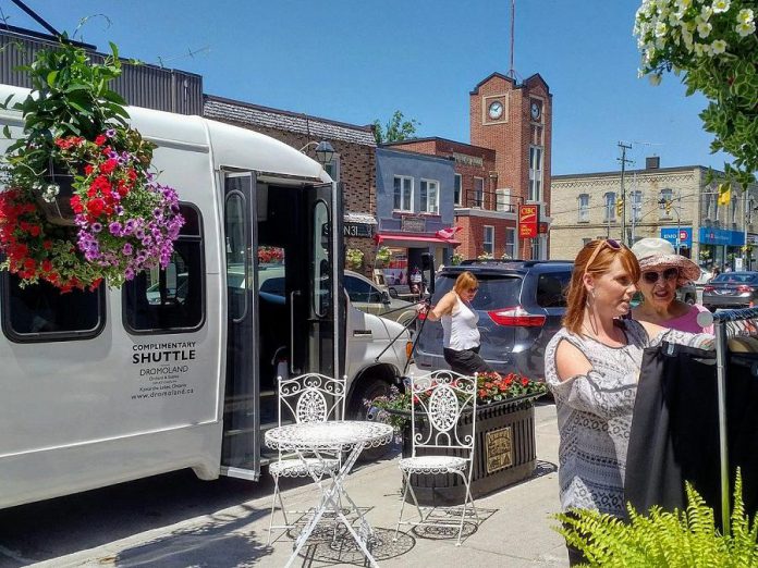 The White Lightning Shopping Bus in Fenelon Falls during a test run in July 2018. The free bus service will run every Tuesday making stops at locations in Kawartha Lakes including Lindsay, Fenelon Falls, Bobcaygeon, Omemee, and more. (Photo: White Lightning Bus Tours)