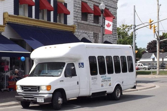 The White Lightning Shopping Bus in Bobcaygeon during a test run in the summer of 2018. The 20-passenger bus is fully accessible with professional drivers and features air conditioning, stereo music, and complimentary snacks.  (Photo: Danielle VanGennip)