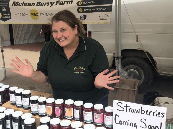 Erin McLean of McLean Berry Farm, pictured in 2018 at the new Peterborough Regional Farmers' Market, was one of two finalists for the 2019 Women in Business Award. (Photo: Eva Fisher / kawarthaNOW.com)