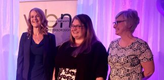 Monika Carmichael (left) after being named the recipient of the 2019 Women in Business Award for business leadership at the Women's Business Network of Peterborough's Women in Business Award and Judy Heffernan Award dinner at Personal Touch Banquet Hall in Peterborough on April 9, 2019. Also pictured are the two finalists for the award: Erin McLean of McLean Berry Farm and Bridget Leslie (right) of My Left Breast. Earlier in the evening, Kim Appleton was announced as the winner of the 2019 Judy Heffernan Award for empowering women. (Photo: Jeannine Taylor / kawarthaNOW.com)