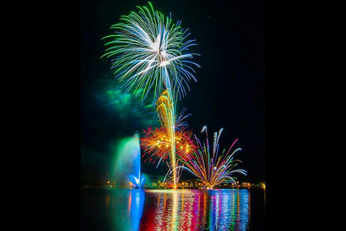 The 2018 fireworks display above Little Lake in Peterborough. The 2019 Rotary Victoria Day fireworks and family night takes place on May 18th, with a rain date of May 19th. Admission is free. (Photo: Devon Ulrich / devonulrichphoto.com)