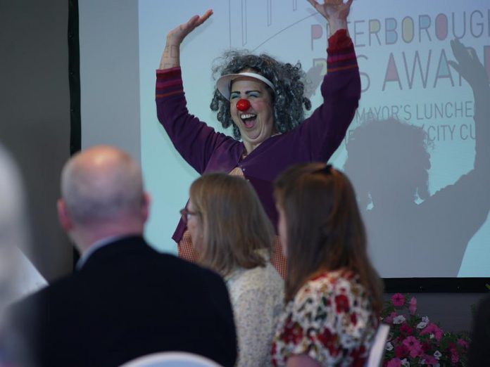 Actor and clown Hilary Wear entertains the crowd at the The Mayor's Luncheon for the Arts. Wear was later presented with the Outstanding Achievement By An Indigenous Artist Award. (Photo: Bianca Nucaro-Viteri / kawarthaNOW.com)