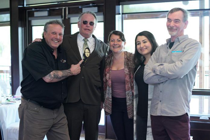 Peterborough DBIA Executive Director Terry Guiel, Outstanding Senior Artist finalist Washboard Hank, Peterborough Mayor Diane Therrien, Peterborough-Kawartha MP Maryam Monsef, and new media sculptor Doug Back, husband of Outstanding Senior Artist finalist Ursula Pflug. (Photo: Bianca Nucaro-Viteri / kawarthaNOW.com)