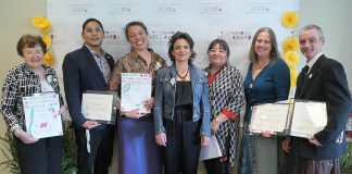 The recipients of the second annual Peterborough Arts Awards: Charlie Werger (Beth McMaster accepting on his behalf), Nimkii Osawamick, Beau Dixon and Patti Shaughnessy (Lisa Dixon accepting on Beau's behalf), Alice Williams, Hilary Wear, and Ryan Kerr. The awards were presented at The Mayor's Luncheon for the Arts in Peterborough on May 24, 2019. (Photo: Bianca Nucaro-Viteri / kawarthaNOW.com)