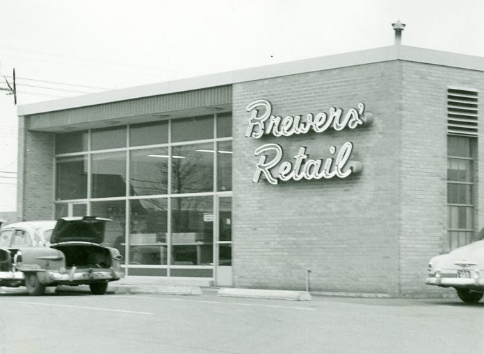 A Brewers' Retail store in Hamilton in 1959. The pre-cursor to The Beer Store, Brewers' Retail was founded in 1927 at the end of prohibition in Ontario. The provincial government wanted to appease temperance advocates and agreed that beer would be sold through a single network of stores. As the government did not want to operate this network itself,  brewers were allowed to organize the Brewers Warehousing Company Ltd., which later became Brewers' Retail and then The Beer Store.  (Photo: Hamilton Historical Collection)