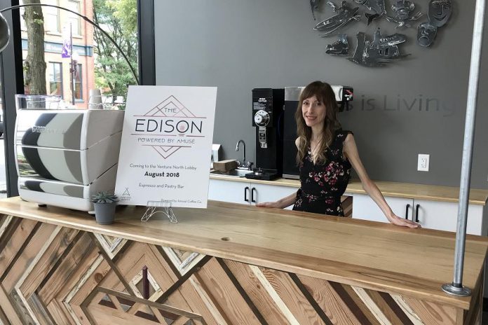 Lindsay Brock, owner of Amusé Coffee Co., opened The Edison in the lobby of the VentureNorth building in downtown Peterborough in August 2018.  (Photo courtesy of the Innovation Cluster)