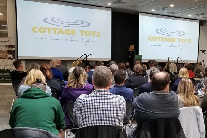 Donna Rork, founder and owner of Cottage Toys, makes her presentation at the semi-finalist pitch event for the Community Futures Peterborough ignite100  entrepreneurial competition held at Fleming College on May 2, 2019. A panel of judges selected Cottage Toys, Goodwin Metal Products Limited, and Cambium Consulting & Engineering as the three finalists out of a field of eight semi-finalists. (Photo: Community Futures Peterborough / Facebook)