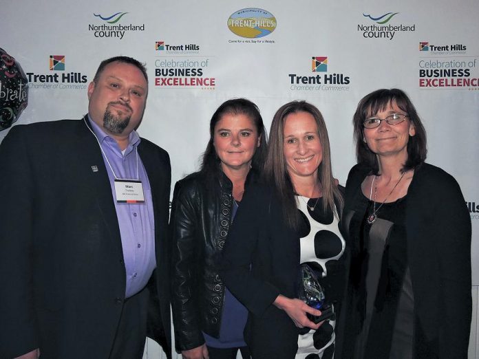 The Bobcaygeon & Area Chamber of Commerce, Trent Hills Chamber of Commerce, and Port Hope & District Chamber of Commerce each held a business excellence awards ceremony on April 27, 2019. At the Trent Hills Chamber of Commerce Celebration of Business Excellence, Campbellford's Dooher’s Bakery received the Community Impact Award. Accepting the award from sponsor Marc Trudeau of RBC Royal Bank are Kathy Mukanik, Cory Dooher, and Vicky Foster. (Photo: Trent Hills Chamber of Commerce / Facebook)