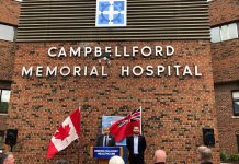 Campbellford Memorial Hospital president and CEO Varouj Eskedjia with Northumberland—Peterborough South MPP David Piccini, who announced a $5 million investment in the hospital on May 22, 2019. (Supplied photo)