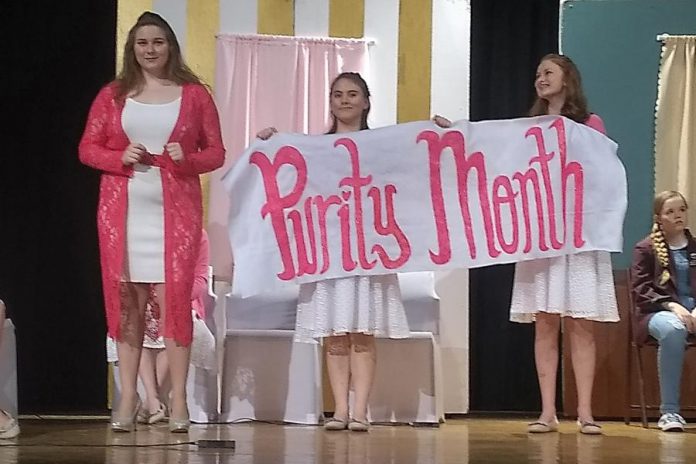 Britney Burton (left) as overbearing Phi Beta Sigma house mother Helen LaRue, with Sarah Theberge as sorority president Riley Hannigan and Lena Ross as vice president Regan Hanover. (Photo: Sam Tweedle / kawarthaNOW.com)