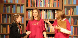 In Enter Stage Right's original production "A Good Man is Hard to Find", Taite Cullen (centre) is Carter Abbotsford, president of the Alpha Omega Psi sorority at Everleigh College, which is in competition with the Phi Beta Sigma for pledges. Things get more interesting when two homeless frat boys (Isaac Martin and Russell Wideman, not pictured) find a loophole that allows them to pledge to a sorority. Aslo pictured are Eden Ferris (left) as the exasperated Alpha Omega vice president Erica Sloane and Victoria Bell as the annoying fact-quoting Tiffany. The show runs from May 1st to 4th in the auditorium at PCVS in Peterborough. (Photo: Enter Stage Right)