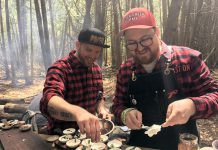 Chefs Eric Boyar from SixThirtyNine in Woodstock and Tyler Scott from Rare Grill House in Peterborough preparing their rainbow trout dish for the Terroir Symposium's Rural Retreat at South Pond Farms in Pontypool on May 7, 2019. (Photo: Eva Fisher / kawarthaNOW.com)