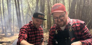 Chefs Eric Boyar from SixThirtyNine in Woodstock and Tyler Scott from Rare Grill House in Peterborough preparing their rainbow trout dish for the Terroir Symposium's Rural Retreat at South Pond Farms in Pontypool on May 7, 2019. (Photo: Eva Fisher / kawarthaNOW.com)