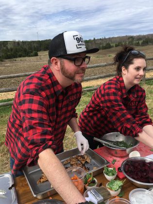 Chefs Brad Watt from the Publican House and Julia Graham from the Quirky Carrot made a red fife wheat flatbread with a spinach salad with curried yogurt and wild leek dressing, smoked beets and pickled carrots. (Photo: Eva Fisher / kawarthaNOW.com)