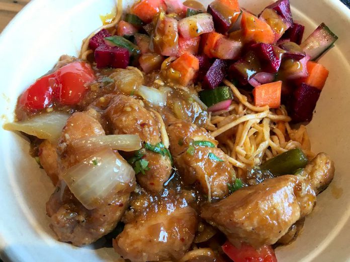 The Fusion Bowl offers bowls with your choice of rice, noodle, and main. (Photo: Eva Fisher / kawarthaNOW.com)