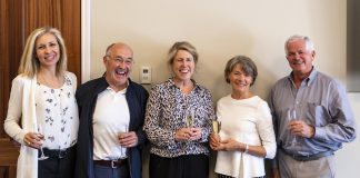 At the Lakefield College School trustees' meeting in Victoria, British Columbia on May 4, 2019, John and Jane Hepburn (second from left and second from right) share a toast with Lakefield College School board chair Nicole Bendal (left), Lakefield College School head of school and foundation Anne-Marie Kee, and Lakefield College School Foundation board chair Jock Fleming in celebration of the Hepburns' $15-millon donation to the school. (Photo courtesy of Lakefield College School)