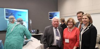 Martin, Denise, and Charles Pick with Dr. Rardi van Heest at the official dedication of the new Martin and Denise Pick Learning Centre at Peterborough Regional Health Centre on May 14, 2019. They toured the clinical training room, where a simulation of minimally invasive surgical training was demonstrated. (Photo: Natasha Roulston / Peterborough Regional Health Centre)