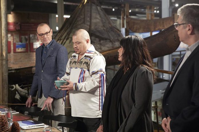 In the "Gifts from the Earth" episode of MasterChef Canada filmed at The Canadian Canoe Museum, Chef Johl Whiteduck Ringuette discusses the Three Sisters of Indigenous agriculture with MasterChef Canada judge Chef Michael Bonacini and guest chefs Mandie Sellar and David Wolfman. The episode airs on CTV at 9 p.m. on May 27, 2019. (Photo courtesy of CTV)