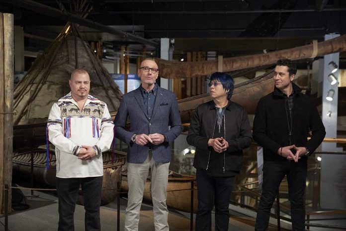 MasterChef Canada judges outline the Team Challenge for the home cooks to honour First Nations Cuisine. Pictured (left to right): Chef Johl Whiteduck Ringuette with MasterChef Canada judges Chef Michael Bonacini, Chef Alvin Leung, and Chef Claudio Aprile. (Photo courtesy of CTV)