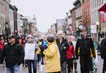 On May 1, 2019, around 300 people gathered at Confederation Square in downtown Peterborough as part of the "May 1st General Strike Against Ford" and marched along George Street and Hunter Street. (Photo: Thayla Fortin)