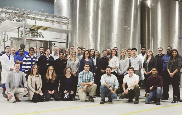 The team at Peterborough bio-tech startup Noblegen, which has secured $25 million in Series B financing led by Richardson Ventures Inc. and BDC. Noblegen co-founder, CEO, and chairman Adam Noble is pictured in the front row at the far left. (Photo: Noblegen)