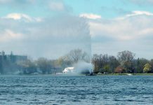 The Centennial Fountain in Little Lake in downtown Peterborough was turned on for the 2019 season on Friday, May 17th. Now maintained by City of Peterborough, the fountain was planned and built in 1967 by local businessmen. (Photo: Bruce Head / kawarthaNOW.com)