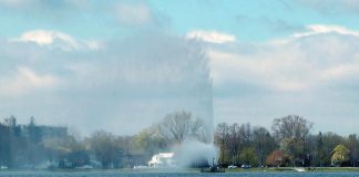 The Centennial Fountain in Little Lake in downtown Peterborough was turned on for the 2019 season on Friday, May 17th. Now maintained by City of Peterborough, the fountain was planned and built in 1967 by local businessmen. (Photo: Bruce Head / kawarthaNOW.com)