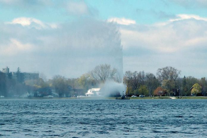 The Centennial Fountain in Little Lake in downtown Peterborough was turned on for the 2019 season on Friday, May 17th. Now maintained by City of Peterborough, the fountain was planned and built in 1967 by local businessmen. (Photo: Bruce Head / kawarthaNOW.com)
