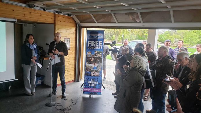 Tracey Randall and Vince Bierworth announcing the performer line-up for the 33rd season of Peterborough Musicfest, on May 22, 2019 at the Silver Bean Café in Millennium Park. (Photo: Jeannine Taylor / kawarthaNOW.com)