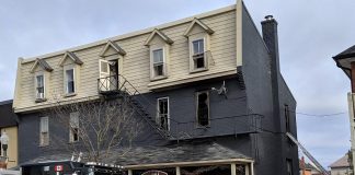 A business in East City was temporarily closed following a fire in a second-floor residential unit on April 30, 2019, thieves broke into the business and stole items including cash. The break-in took place sometime between May 1 and 6, 2019. (Photo: Bruce Head / kawarthaNOW.com)