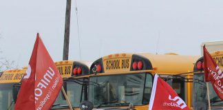 Unifor, the largest union representing school bus drivers in Ontario, will be in Peterborough on May 28, 2019 to protest the process for awarding school bus contracts in Ontario. (Photo: Unifor)