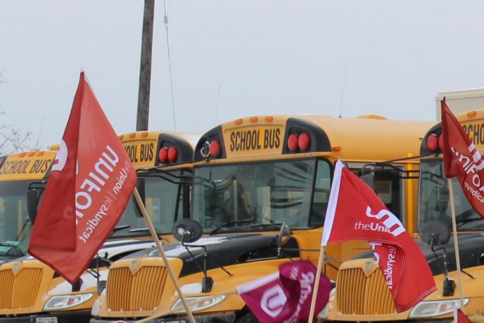 Unifor, the largest union representing school bus drivers in Ontario, will be in Peterborough on May 28, 2019 to protest the process for awarding school bus contracts in Ontario. (Photo: Unifor)