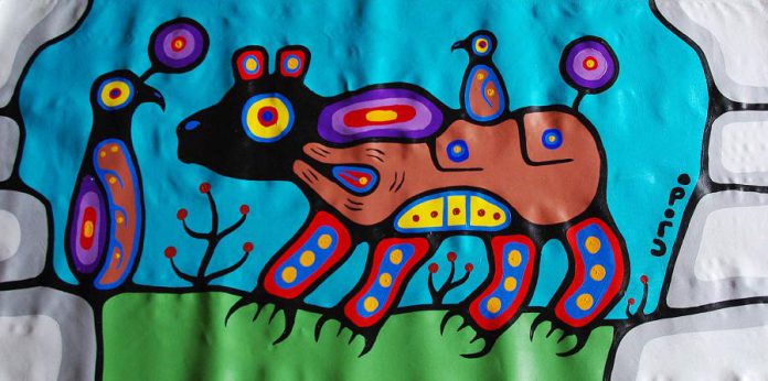 'Woodland Bear & Bird' (acrylic on canvas, 31 x 67") by Christian Morrisseau. (Photo courtesy of Gallery on the Lake)