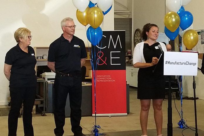 Peterborough Mayor Diane Therrien speaks at AVIT Manufacturing's facility at 1961 Fisher Drive in Peterborough during a rebranding announcement on June 6, 2019 as company founders Rhonda and Don Barnet look on.  Peterborough-Kawartha MP Maryam Monef also made remarks via video. (Photo courtesy of Mega Experience)