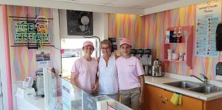 Central Smith Creamery Vice President/Marketing Jenn Scates (centre), pictured in 2018 with employees Allison Zoomer and Molly Strain at the Central Smith Creamery parlour store at 739 Lindsay Road in Selwyn. The creamery is planning an ice cream social on July 20, 2019 to raise funds for he Peterborough Regional Health Centre Foundation. (Photo: Amy Bowen / kawarthaNOW.com)