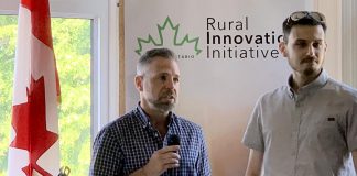 Cambium president and CEO John Desbiens (left) speaks at Community Futures Peterborough's annual general meeting on June 27, 2019, where it was announced that the Peterborough-based consulting and engineering company Cambium has won the inaugural ignite100 enterpreneurial competition. The prize is a $100,000 loan, interest-free for the first three years with no payments for the first year. (Photo: Mike Skinner / Twitter)