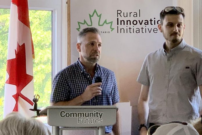 Cambium president and CEO John Desbiens (left) speaks at Community Futures Peterborough's annual general meeting on June 27, 2019, where it was announced that the Peterborough-based consulting and engineering company Cambium has won the inaugural ignite100 entrepreneurial competition. The prize is a $100,000 loan, interest-free for the first three years with no payments for the first year. (Photo: Mike Skinner / Twitter)