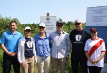 Kawartha Land Trust (KLT) has received $215,000 in funding from the Canadian government's Canada Nature Fund to support the continued protection of the Cation Wildlife Preserve near Coboconk. Peterborough-Kawartha MP Maryam Monsef announced the funding during the grand opening of the preserve on June 22, 2019. Pictured (left to right): Haliburton-Kawartha Lakes-Brock MP Jamie Schmale, KLT development manager Tara King, land donor Sharon Cation, KLT executive director John Kintare, land donor Dave Cation, and MP Monsef. (Photo: Office of Maryam Monsef)