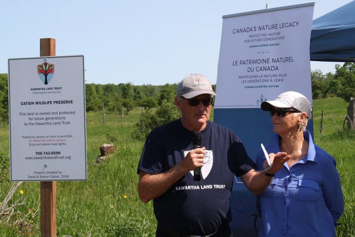 Dave and Sharon Cation speak at the grand opening of the Cation Wildlife Preserve near Coboconk  on June 22, 2019. The Cations donated the 669-acre to Kawartha Land Trust to ensure the property remains protected in perpetuity. (Photo: Office of Maryam Monsef)